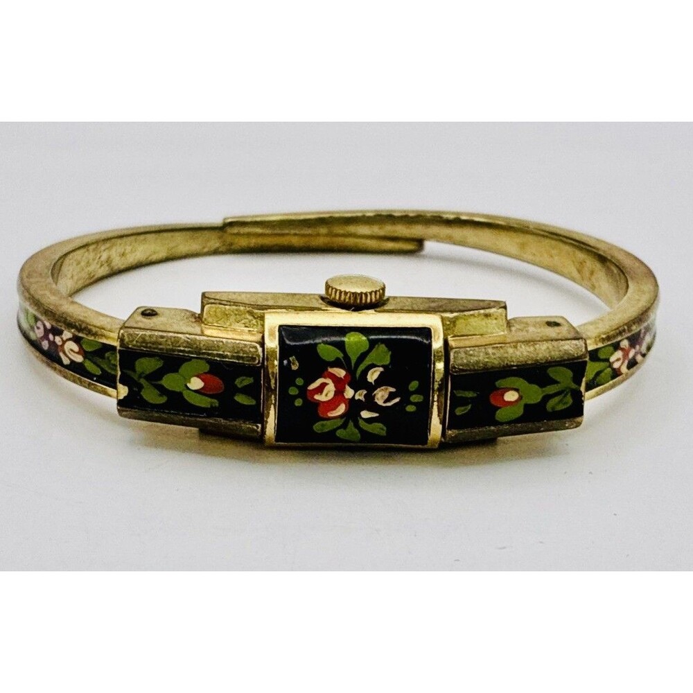 Vintage Pierpont Wind-Up Bracelet Watch Black Floral Enamel Gold-Tone 6.5”
